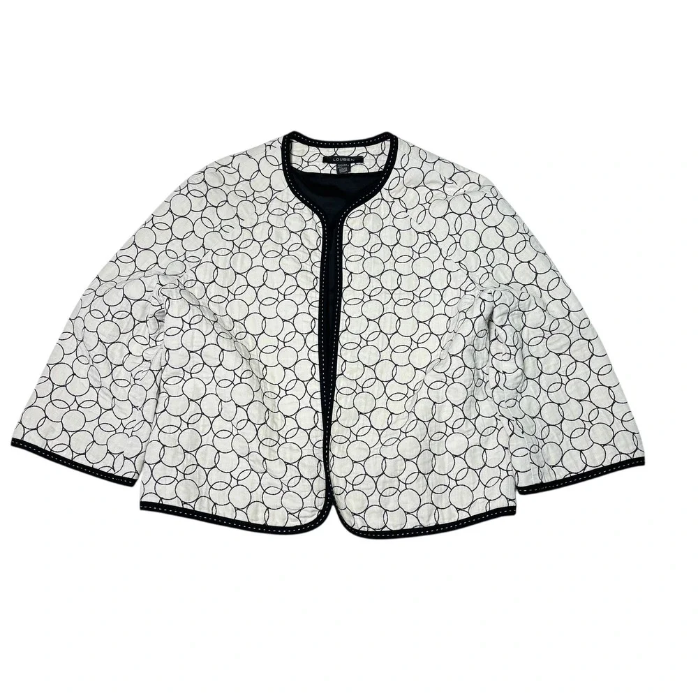 Louben Women's Size 8 Black White Circle Print‎ Collarless Jacket Blazer